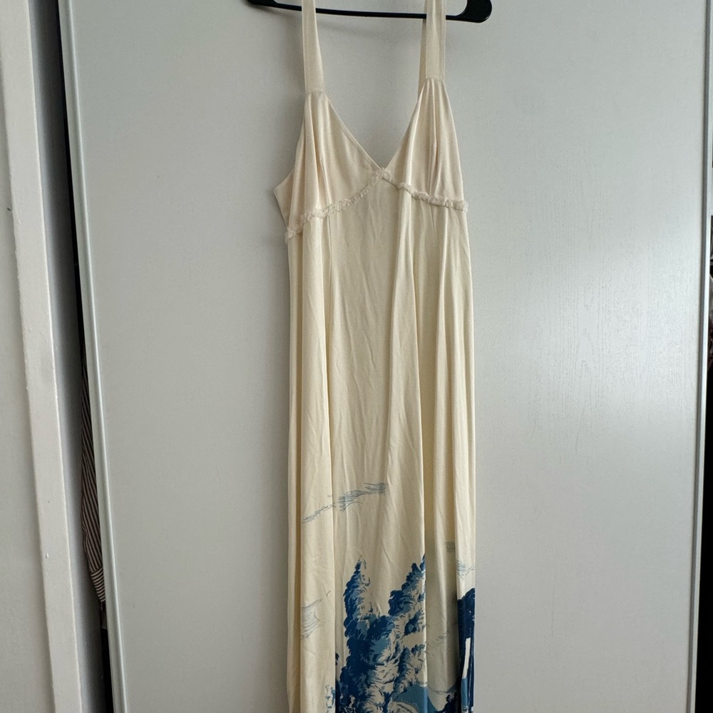 Staud cream and blue painting maxi dress with adjustable straps and tie back